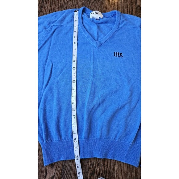 Vtg La Mode Lite Beer Logo V-Neck Sweater Blue Sz S Cashmerlon Miller Lite - Picture 8 of 9